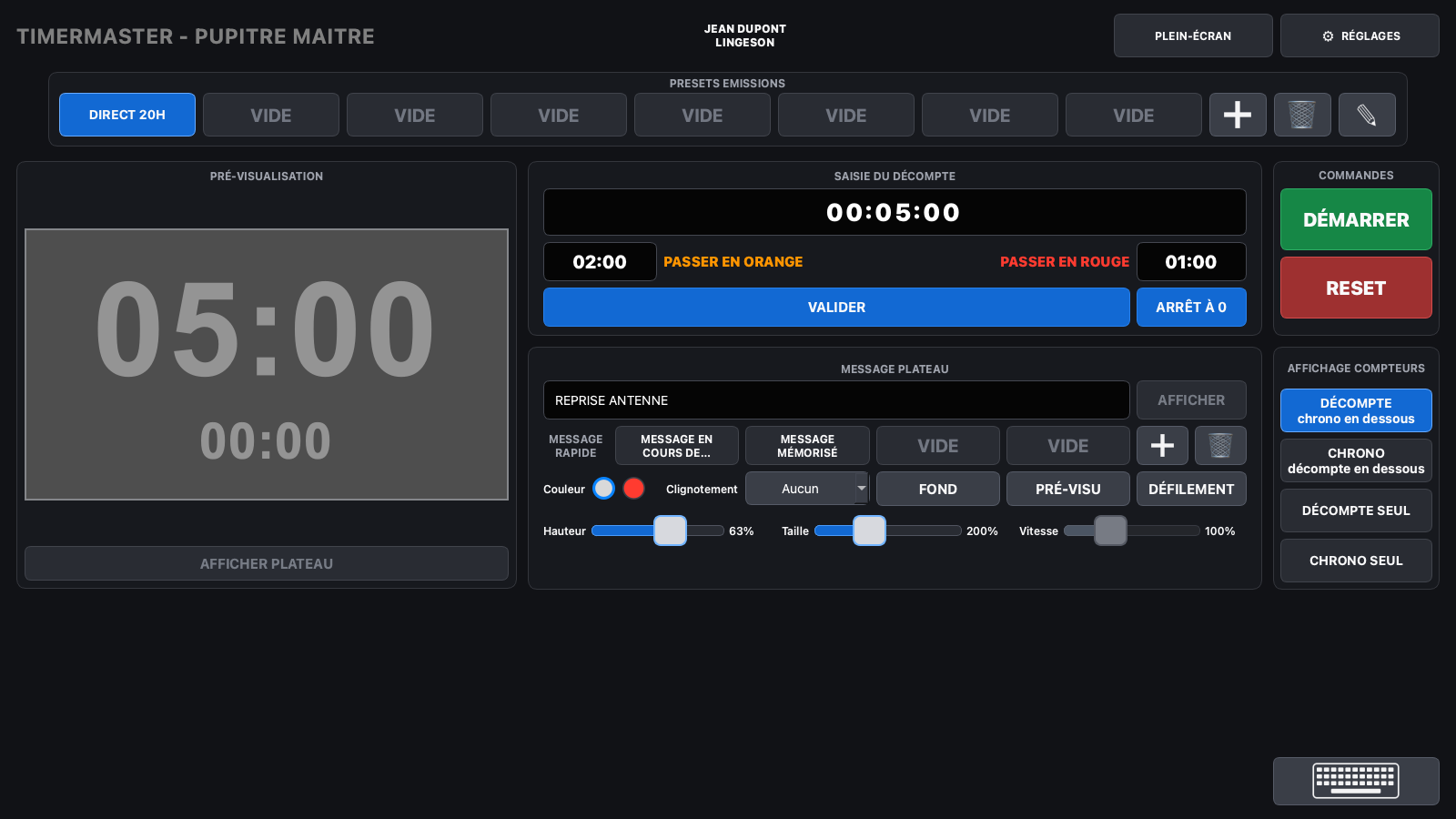Interface réelle du pupitre maître TimerMaster